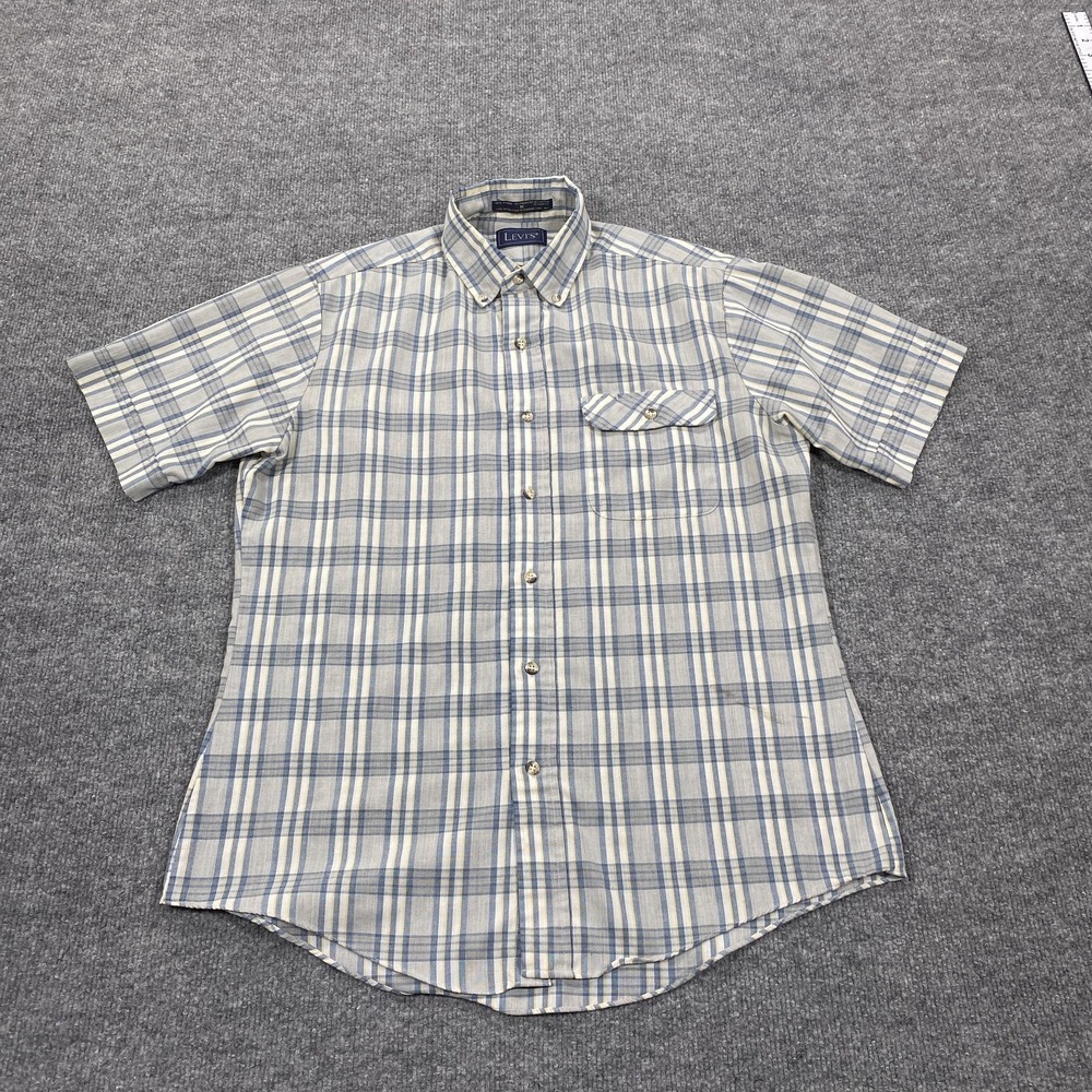 Vintage Levi's Shirt Mens‎ Medium Beige Blue Plaid Short Sleeve Button Up